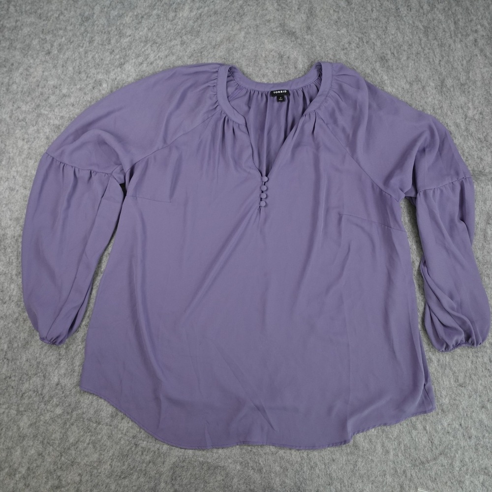 Torrid Top Women 2X Purple Georgette Button V Neck Long Balloon Sleeve Chiffon
